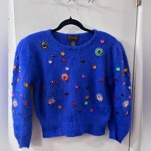 Premier Vibrant Blue Women's Sweater with Colorful Gems and Gold Thread